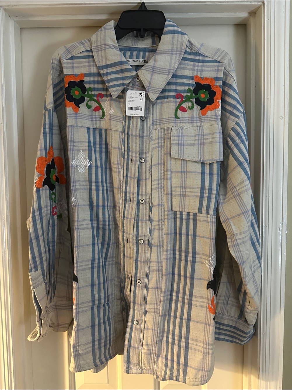 Embellished Plaid Button-Up Shirt - Blue & Cream